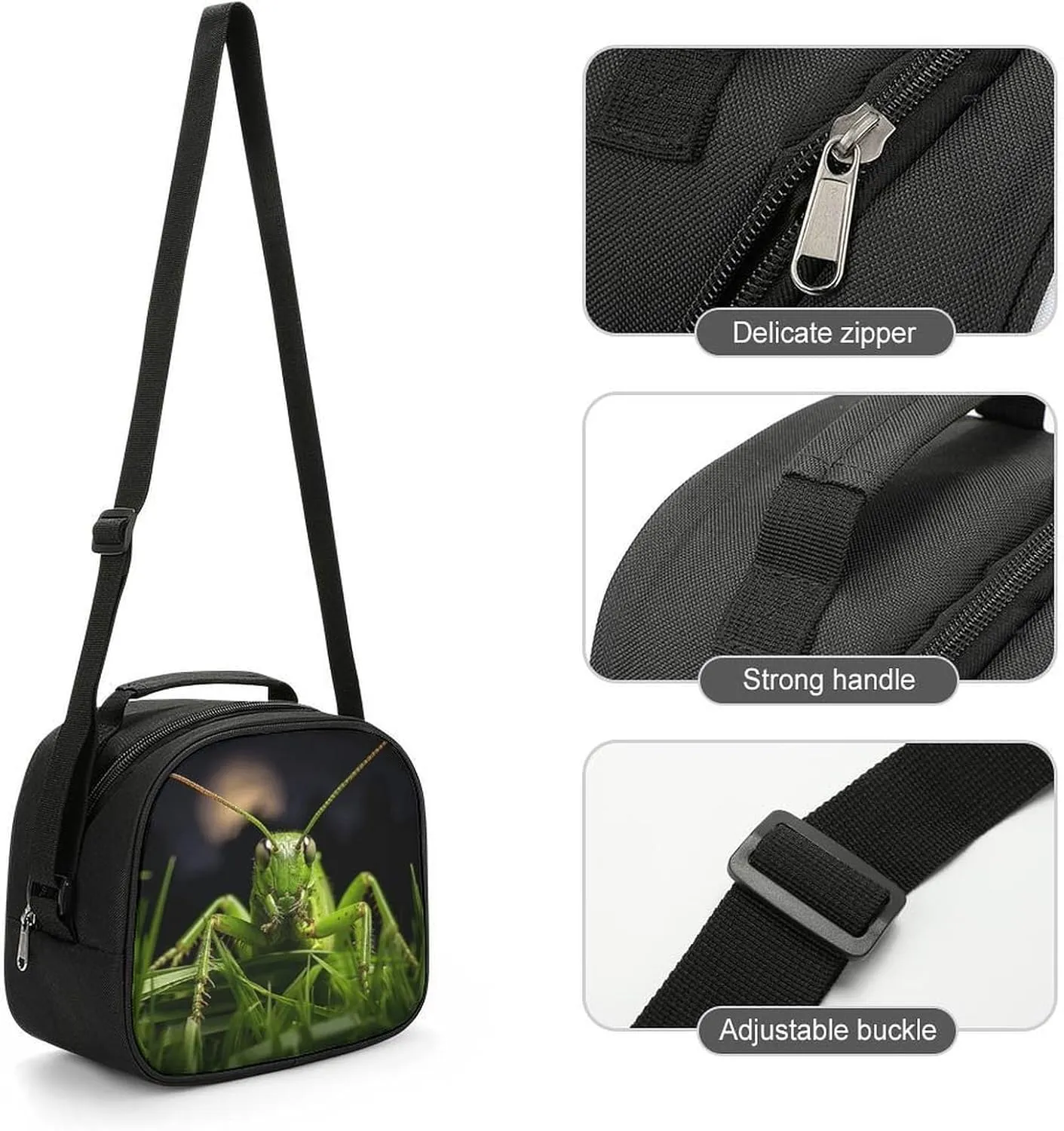 Cute Lunch Box for Men Women,Grasshopper on Grass Reusable Insulated Lunch Bag Cooler for Work Picnic Or Travel