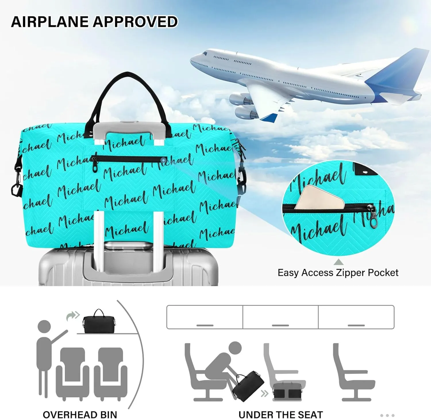 Cyan Custom Travel Duffel Bag with Toiletry Bag Personalized Weekender Bag for Travel Business Sports Large Gym Duffel Bag Overnight Bag for Women & Men