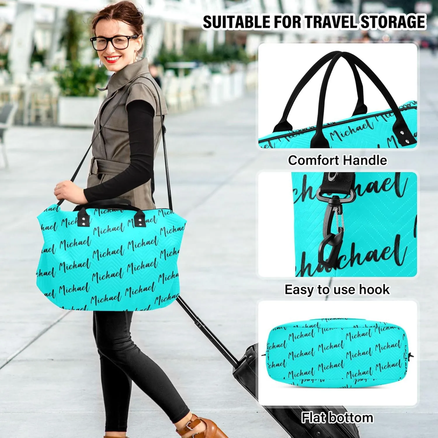 Cyan Custom Travel Duffel Bag with Toiletry Bag Personalized Weekender Bag for Travel Business Sports Large Gym Duffel Bag Overnight Bag for Women & Men