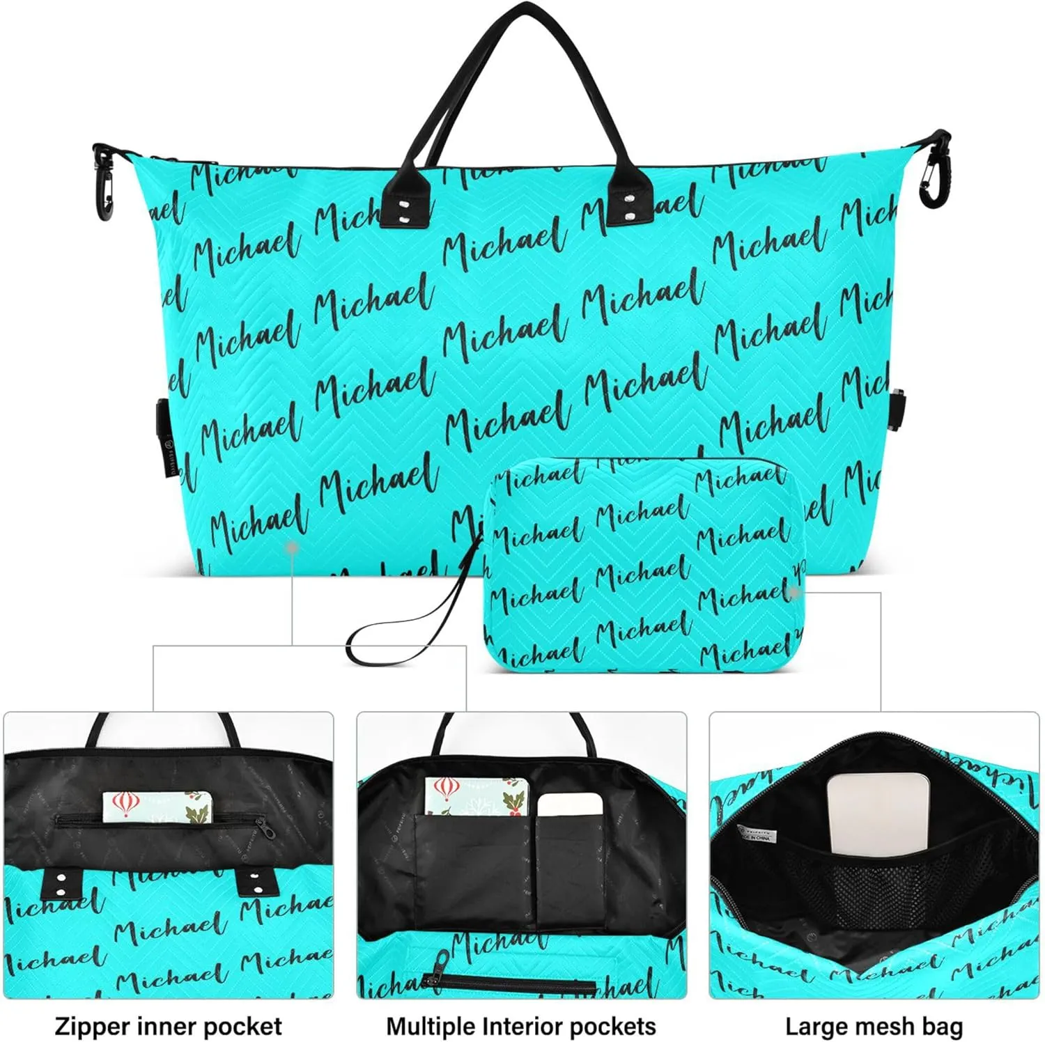 Cyan Custom Travel Duffel Bag with Toiletry Bag Personalized Weekender Bag for Travel Business Sports Large Gym Duffel Bag Overnight Bag for Women & Men