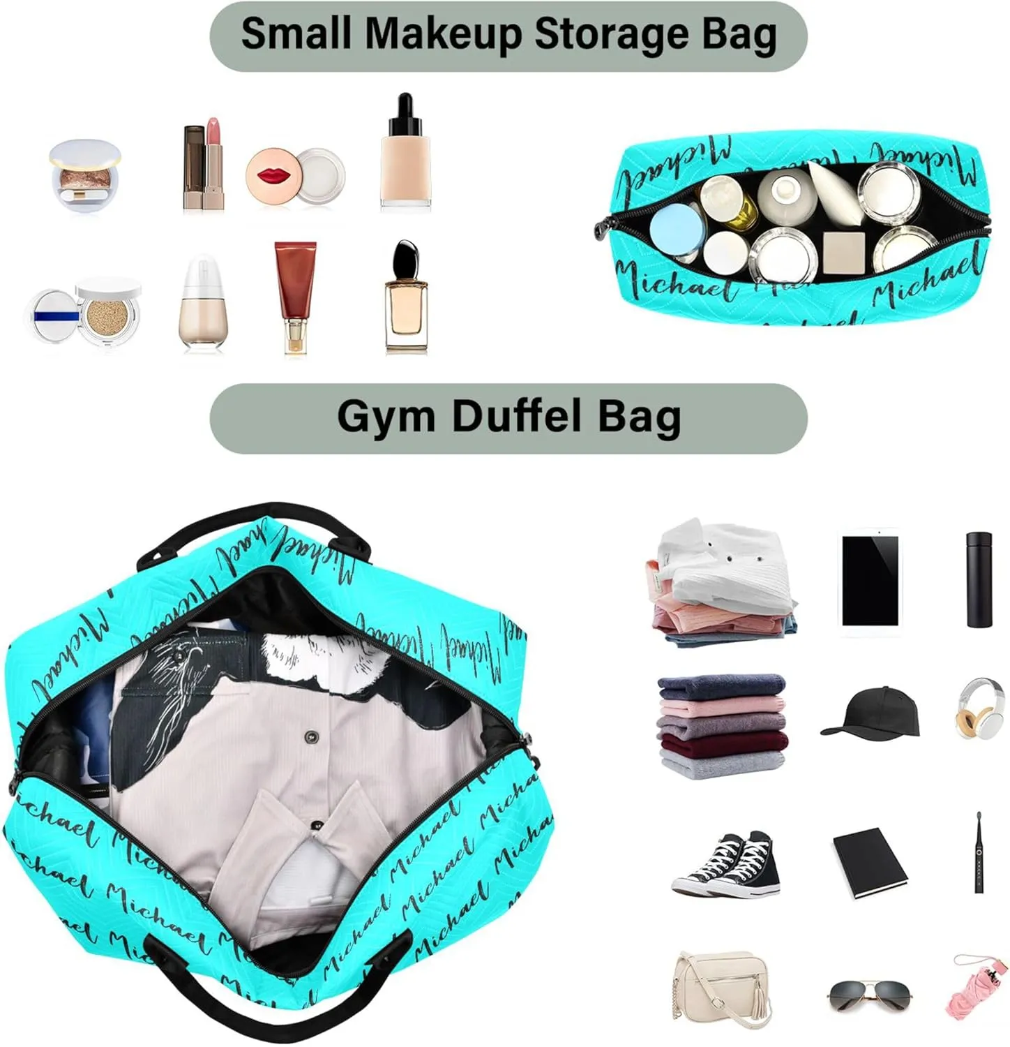 Cyan Custom Travel Duffel Bag with Toiletry Bag Personalized Weekender Bag for Travel Business Sports Large Gym Duffel Bag Overnight Bag for Women & Men