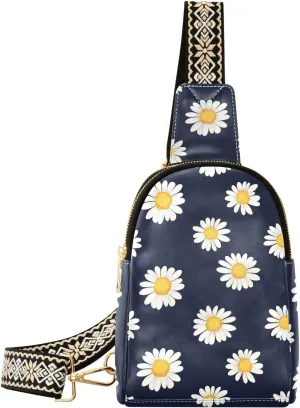 Daisy Black Compact Fashion Daypack Full-Print PU Leather Crossbody Bag with Card Pocket & Adjustable Strap for Women on the Go Festivals Travel & Hikes
