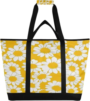 Daisy Print Reusable Insulated Lunchbox Cooler Bag, Leakproof Kitchen Grocery Bag Collapsible Portable Cooler Tote Bag for Picnic, Camping, Office, Travel