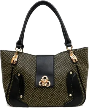 Designer Inspired Black Ivy Gold lock Polka flora office pockets Satchel handbag Bag