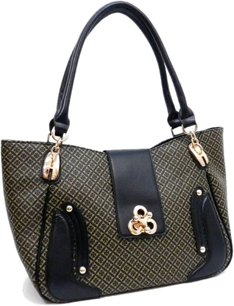 Designer Inspired Black Ivy Gold lock Polka flora office pockets Satchel handbag Bag