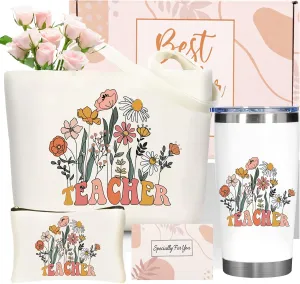 DHQH Teacher Appreciation Gift Set: 20oz Insulated Tumbler & Canvas Tote Bag Box for Women Educators -Birthday, Thank You, Holiday Presents