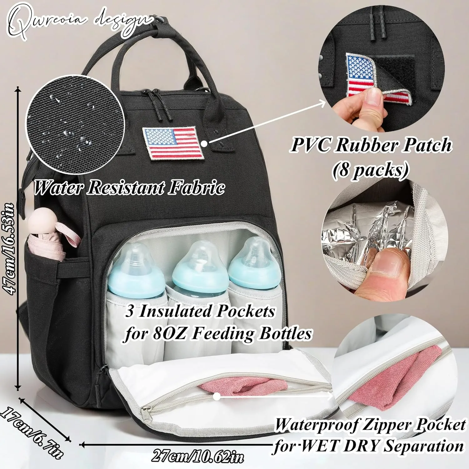 Diaper Bag Backpack for Dad and Mom with USB Charging Port Stroller Straps and Insulated Pocket,army military Travel Nappy Backpack for Daddy/Mommy (Black)