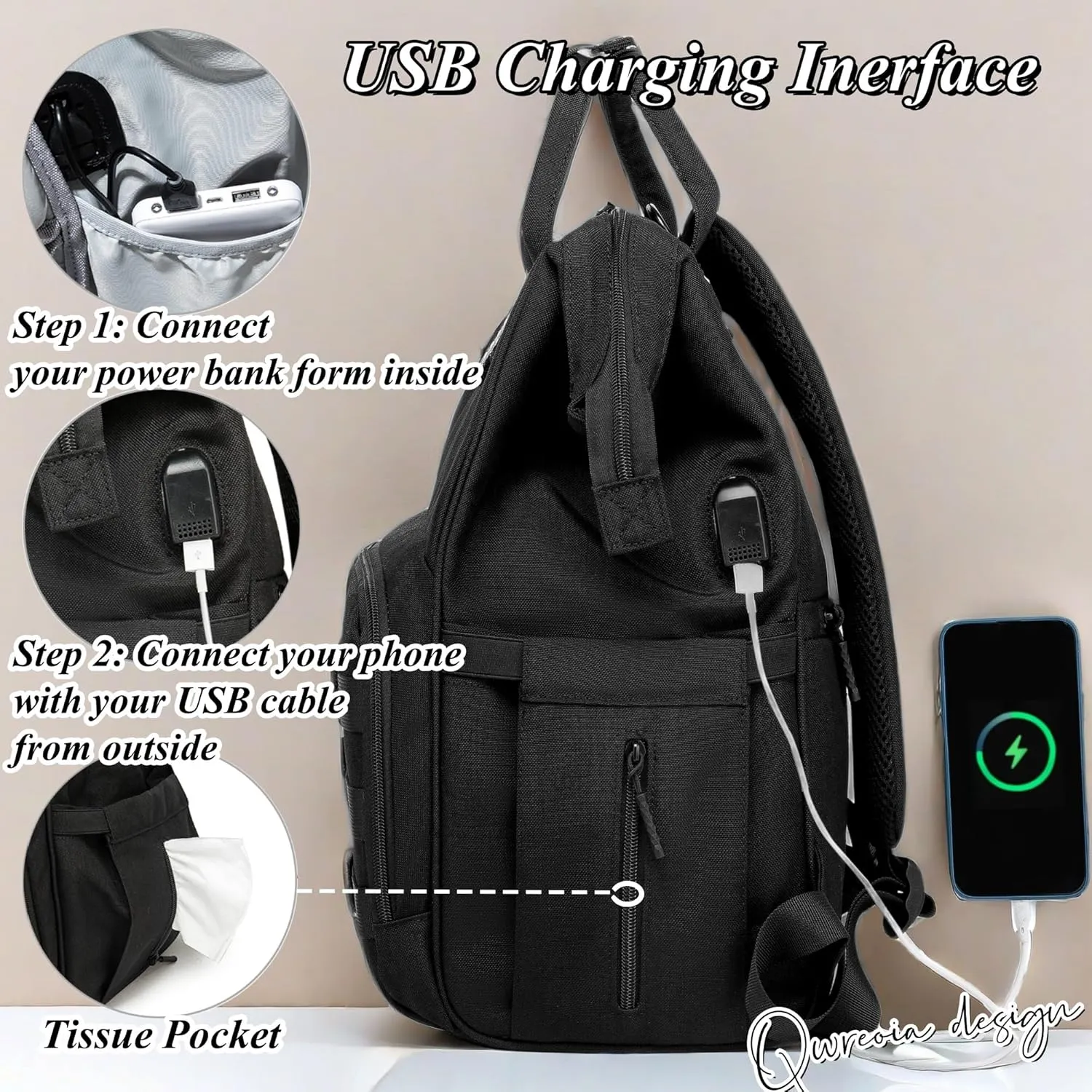 Diaper Bag Backpack for Dad and Mom with USB Charging Port Stroller Straps and Insulated Pocket,army military Travel Nappy Backpack for Daddy/Mommy (Black)
