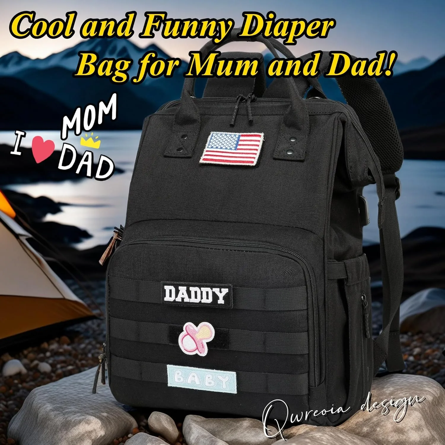 Diaper Bag Backpack for Dad and Mom with USB Charging Port Stroller Straps and Insulated Pocket,army military Travel Nappy Backpack for Daddy/Mommy (Black)