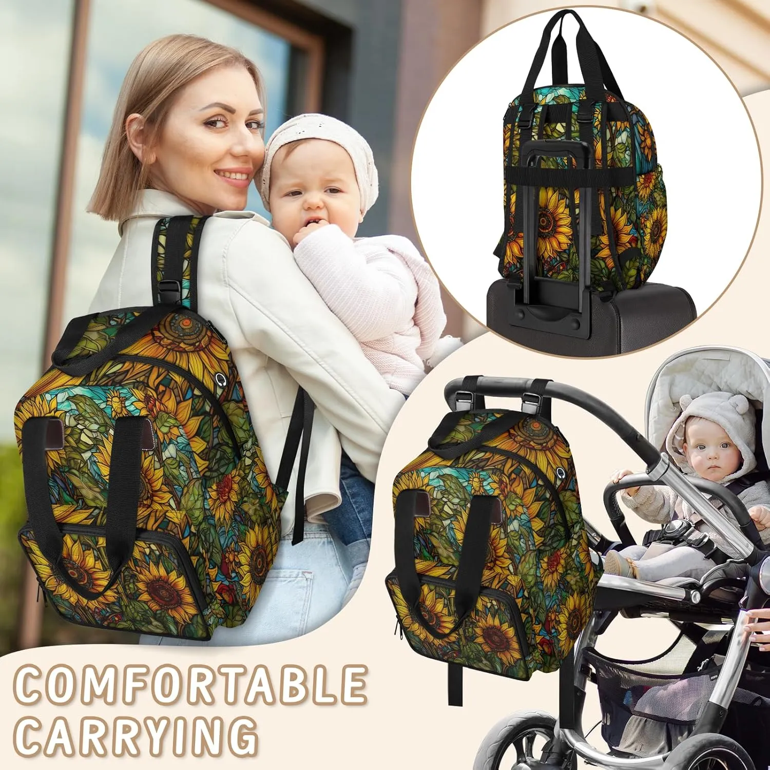 Diaper Bag Backpack Large Capacity, Yellow Sunflowers Vintage Glasses Nappy Hand Shoulder Bag Mummy Travel Nursing Bags Baby Shower Gifts, with Insulated Pockets and USB Charging Port