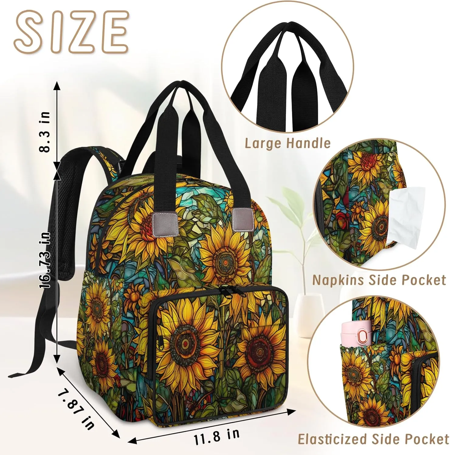 Diaper Bag Backpack Large Capacity, Yellow Sunflowers Vintage Glasses Nappy Hand Shoulder Bag Mummy Travel Nursing Bags Baby Shower Gifts, with Insulated Pockets and USB Charging Port