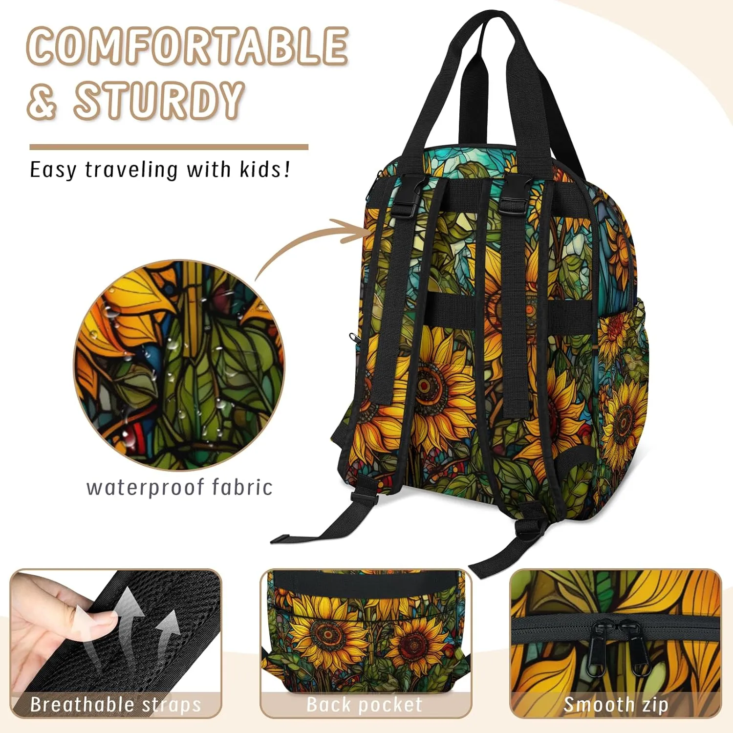 Diaper Bag Backpack Large Capacity, Yellow Sunflowers Vintage Glasses Nappy Hand Shoulder Bag Mummy Travel Nursing Bags Baby Shower Gifts, with Insulated Pockets and USB Charging Port
