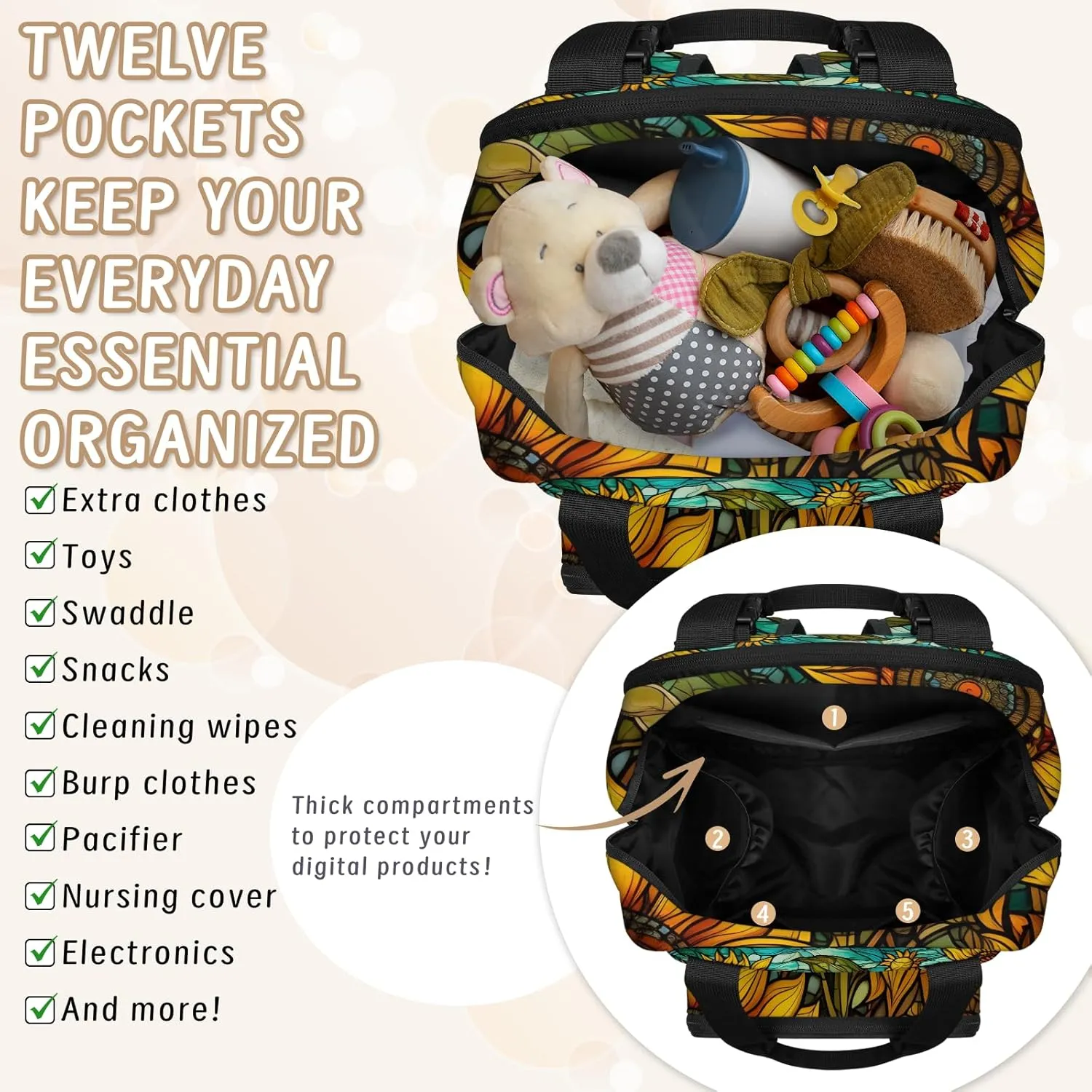 Diaper Bag Backpack Large Capacity, Yellow Sunflowers Vintage Glasses Nappy Hand Shoulder Bag Mummy Travel Nursing Bags Baby Shower Gifts, with Insulated Pockets and USB Charging Port