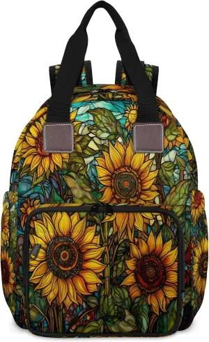 Diaper Bag Backpack Large Capacity, Yellow Sunflowers Vintage Glasses Nappy Hand Shoulder Bag Mummy Travel Nursing Bags Baby Shower Gifts, with Insulated Pockets and USB Charging Port
