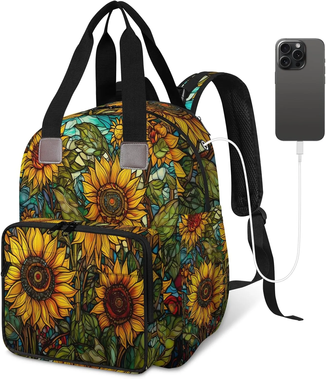 Diaper Bag Backpack Large Capacity, Yellow Sunflowers Vintage Glasses Nappy Hand Shoulder Bag Mummy Travel Nursing Bags Baby Shower Gifts, with Insulated Pockets and USB Charging Port