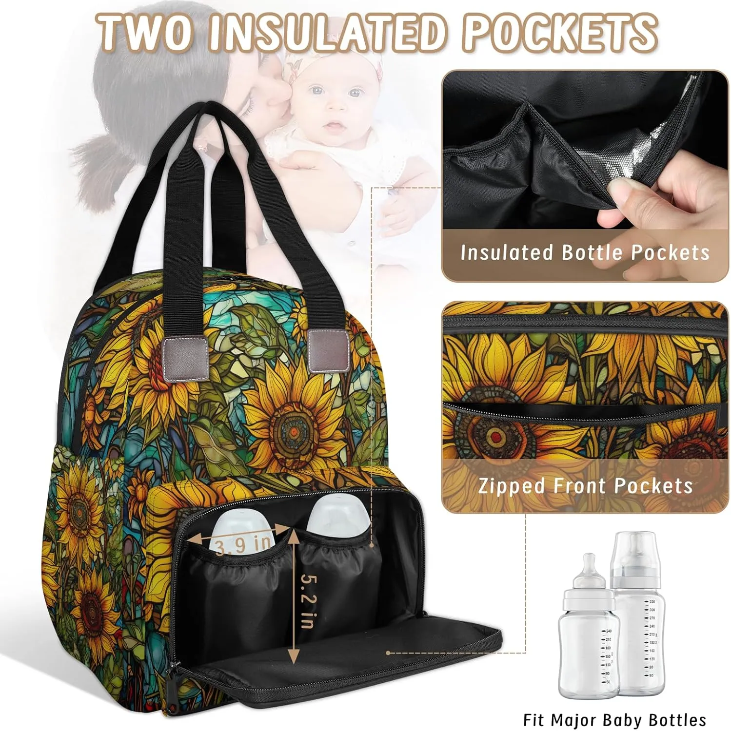 Diaper Bag Backpack Large Capacity, Yellow Sunflowers Vintage Glasses Nappy Hand Shoulder Bag Mummy Travel Nursing Bags Baby Shower Gifts, with Insulated Pockets and USB Charging Port