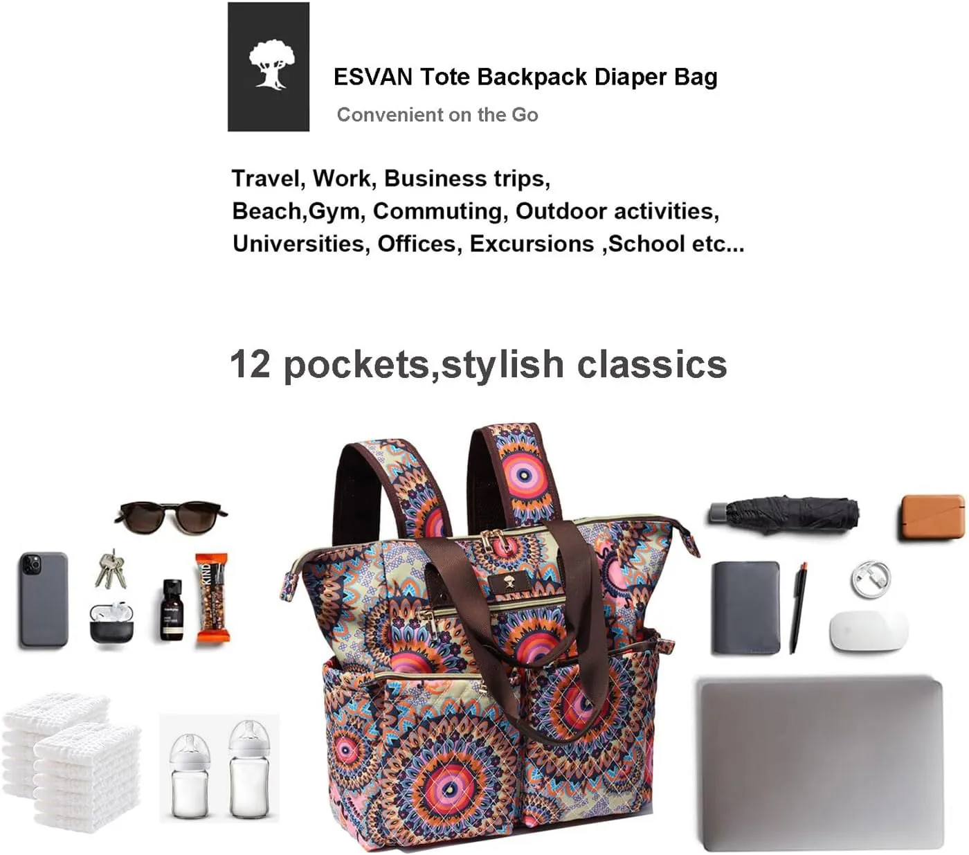 Diaper Tote Bag Totepack Backpack 2 in 1 for Women Multifunctional Large Capacity with Insulated Pockets Travel