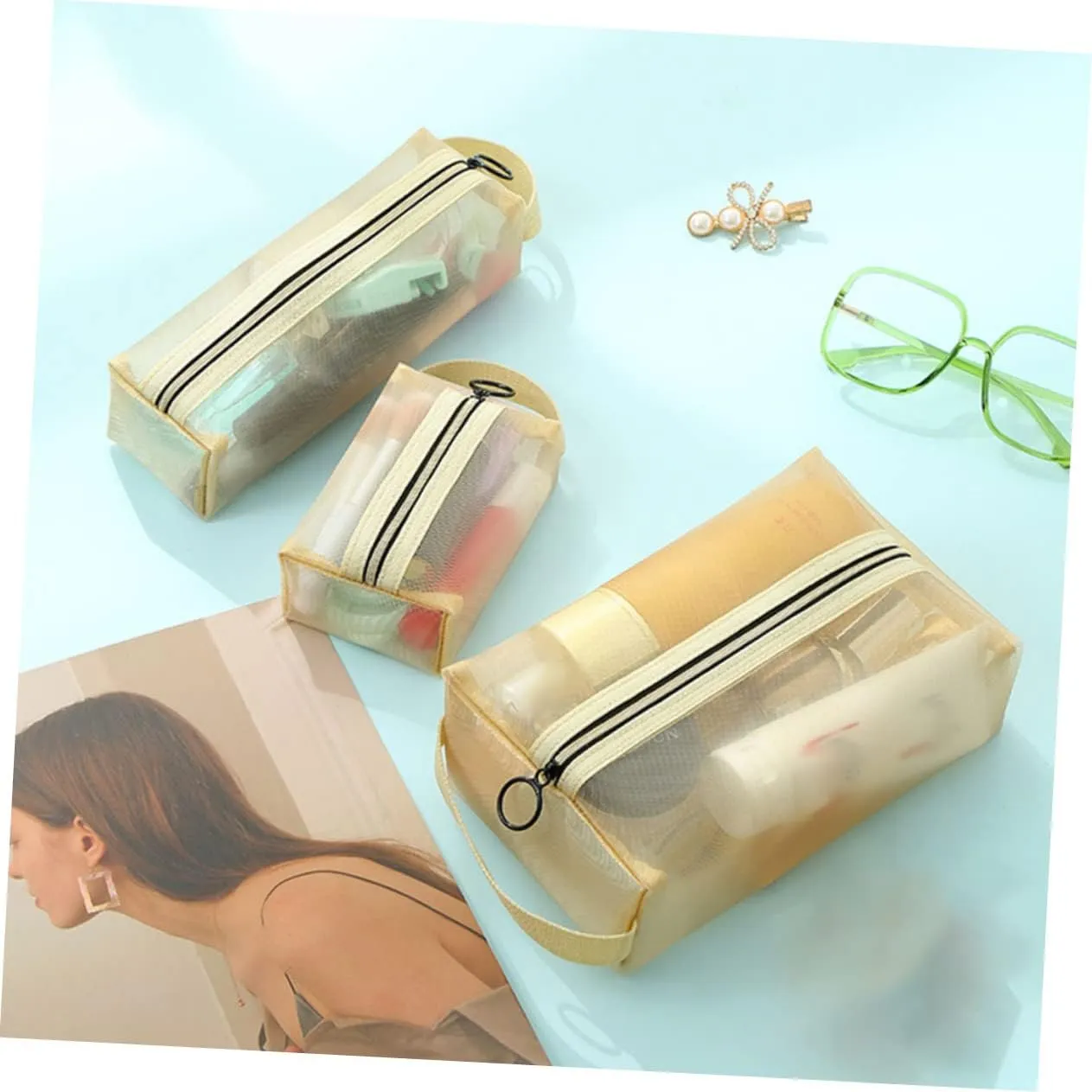 DOITOOL 2 Sets Mesh Cosmetic Bag Clear Makeup Bag Toiletry Bag for Women Large Capacity Makeup Organizer Bag, As Shownx3pcs, 20X12X6CMx3pcs