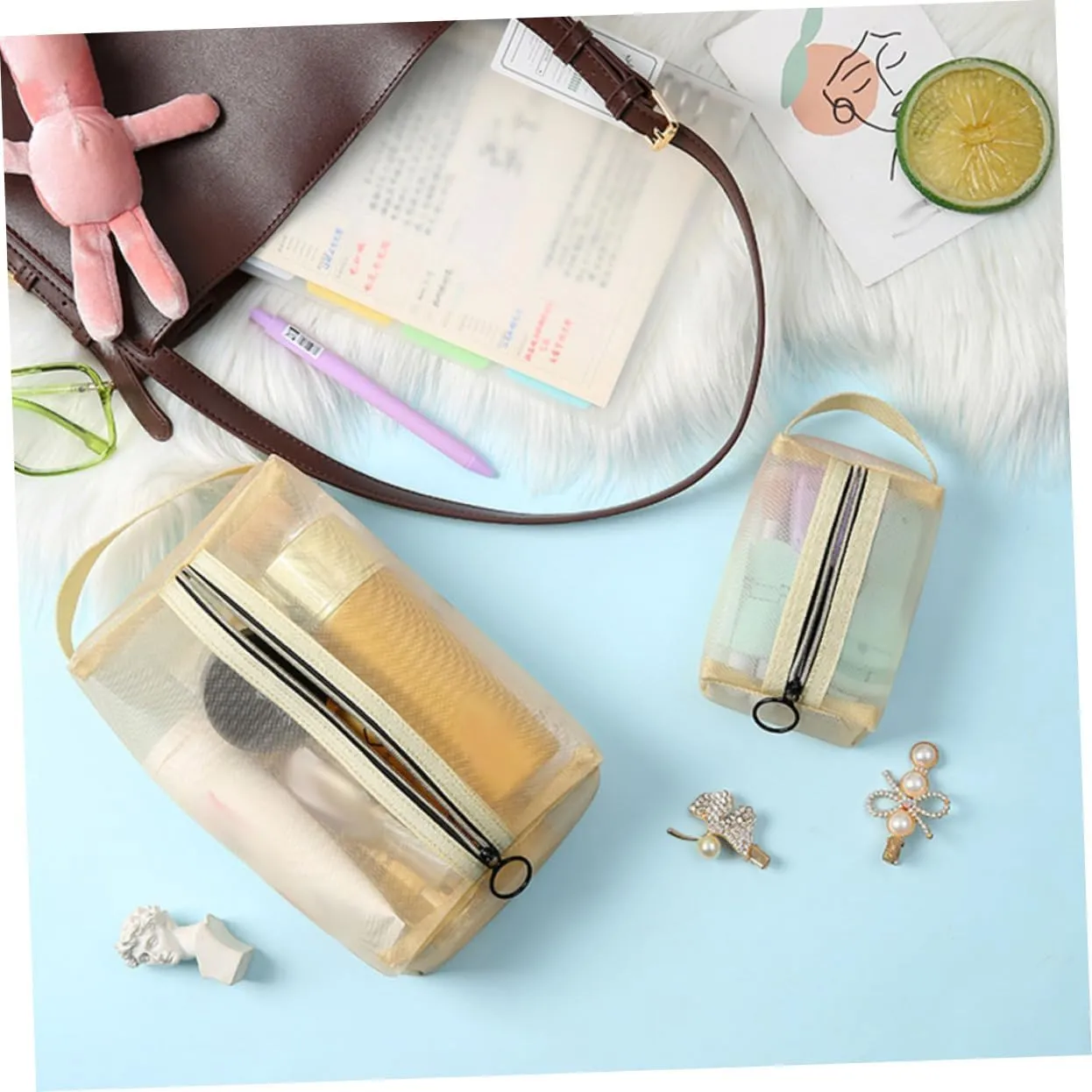 DOITOOL 2 Sets Mesh Cosmetic Bag Clear Makeup Bag Toiletry Bag for Women Large Capacity Makeup Organizer Bag, As Shownx3pcs, 20X12X6CMx3pcs