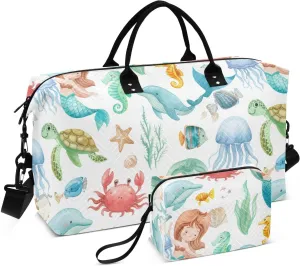Dolphin Turtle Seaweed White Sports Gym Bag for Women Men Travel Duffel Bag Weekend Overnight Carry on Bag with Toiletry Bag for Plane Swimming Yoga