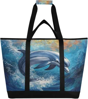 Dolphins Reusable Insulated Lunchbox Cooler Bag, Leakproof Kitchen Grocery Bag Collapsible Portable Cooler Tote Bag for Picnic, Camping, Office, Travel