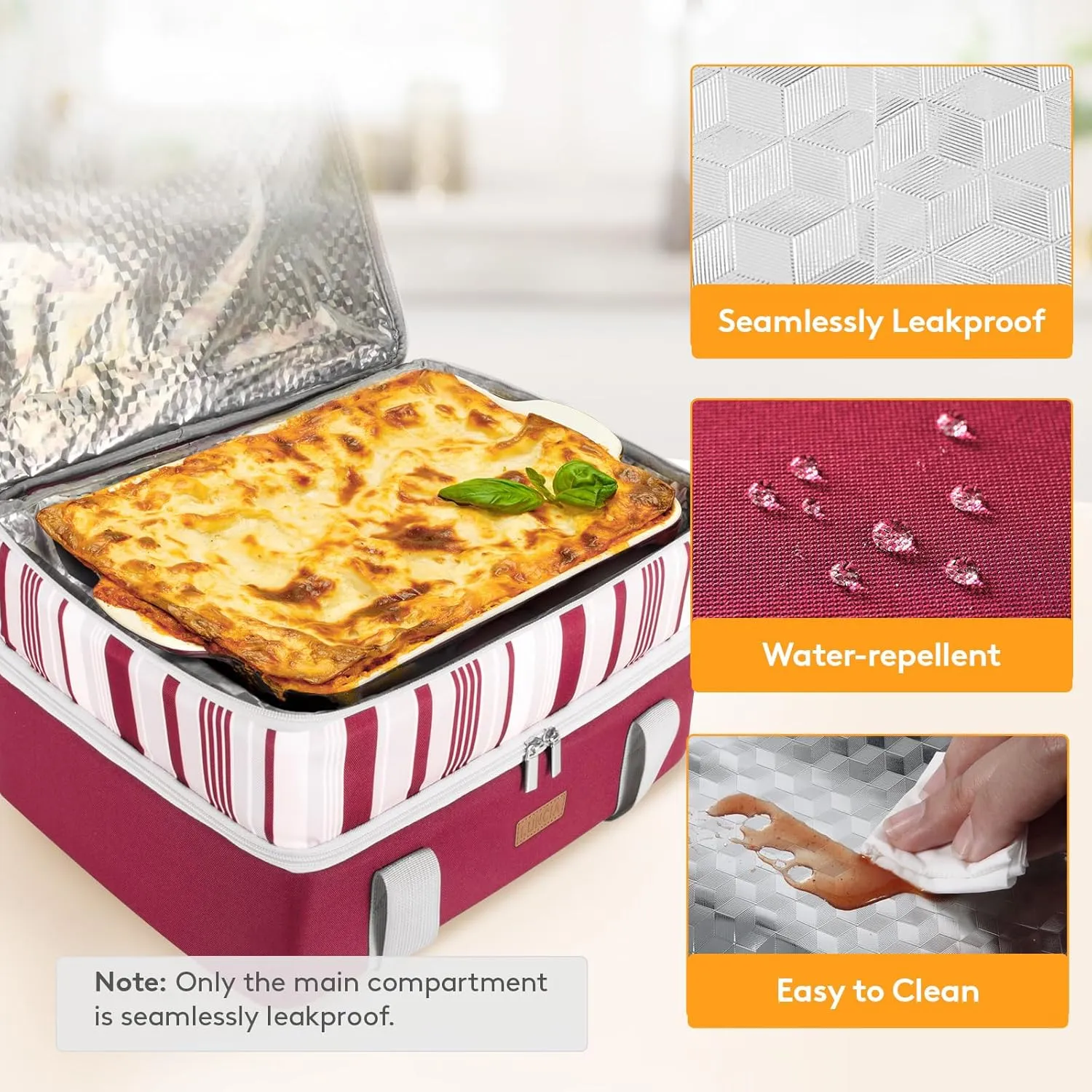 Double Decker Insulated Casserole Carrier for Hot or Cold Food, Lasagna Lugger Tote for Potluck Parties/Picnic/Cookouts, Fits 9"×13" Baking Dish, Red