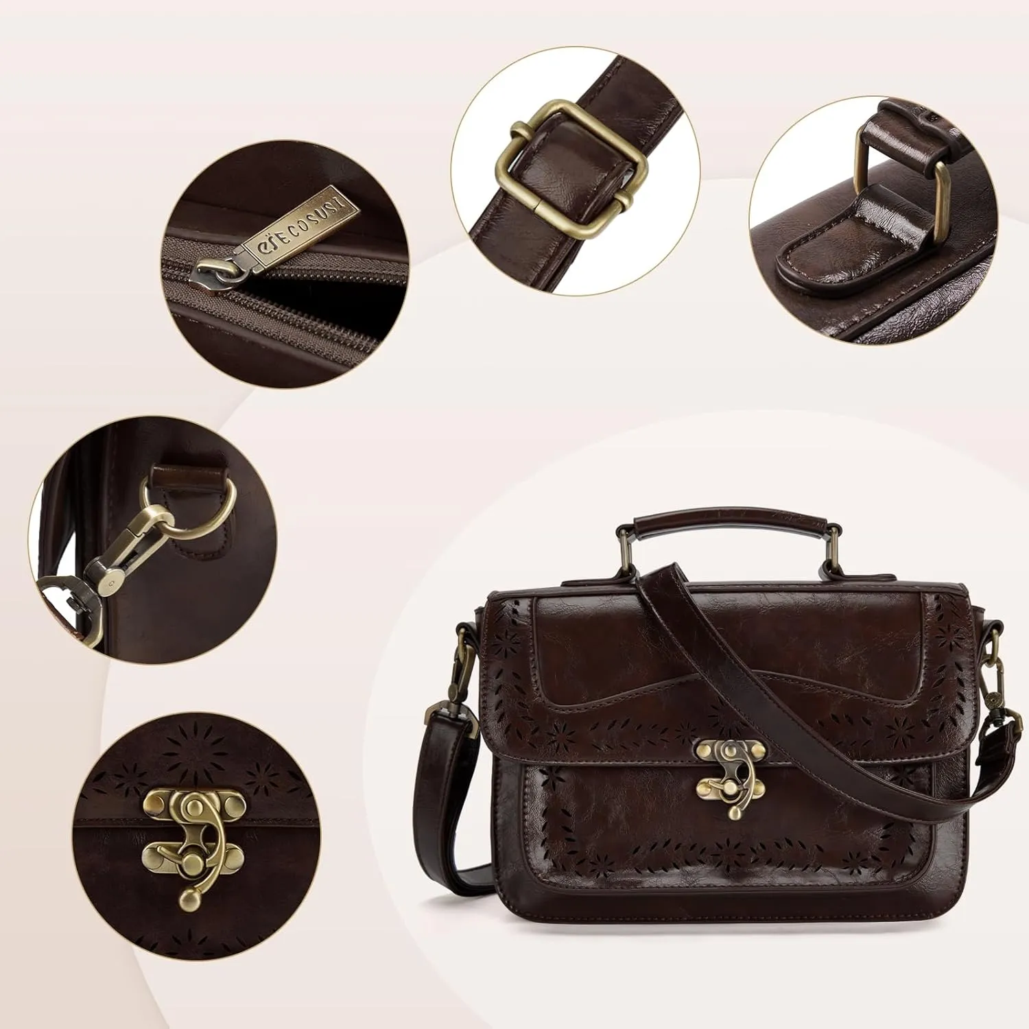 ECOSUSI Women PU Leather Satchel Purse Vintage Small College Crossbody Messenger Bag Work Cross-body Bag