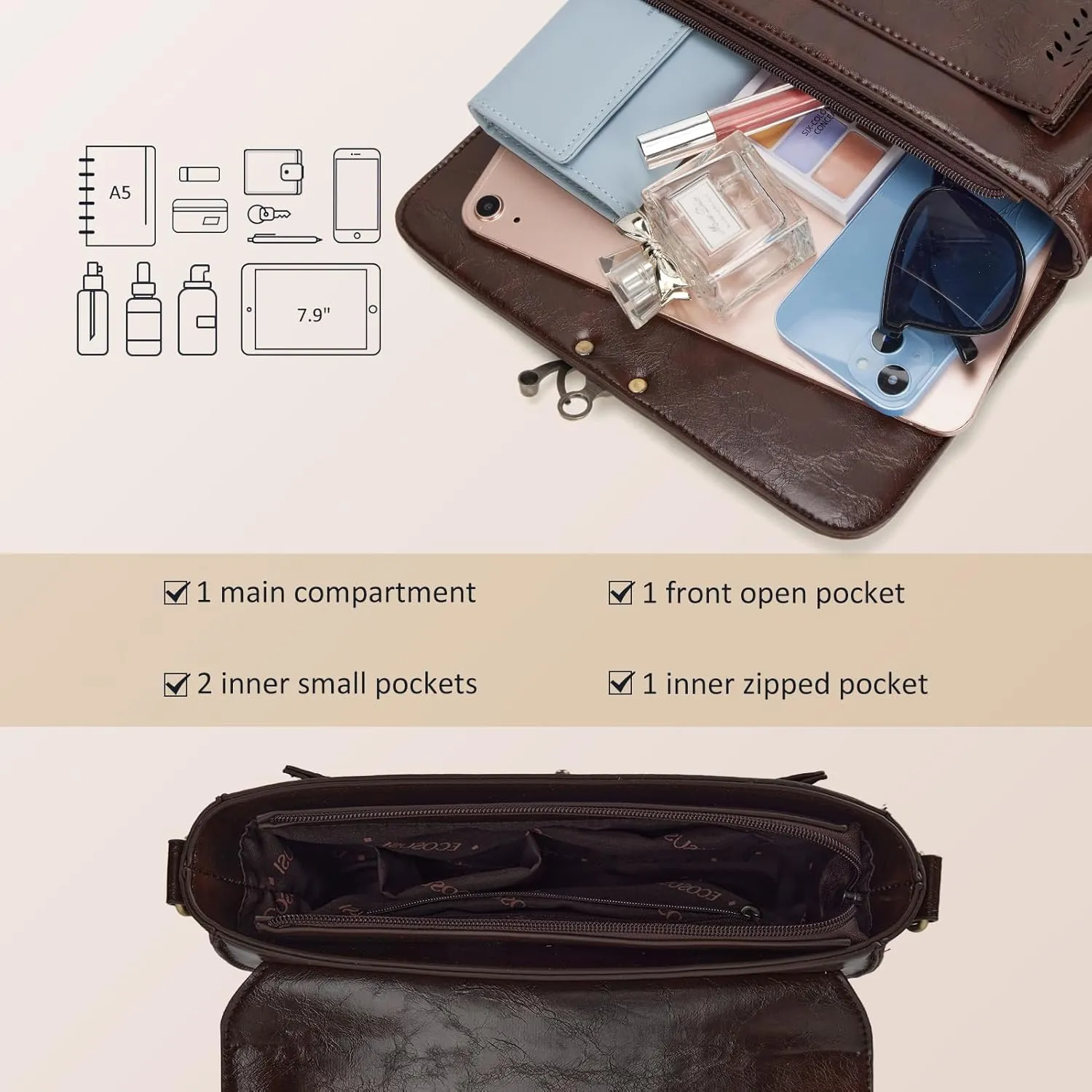 ECOSUSI Women PU Leather Satchel Purse Vintage Small College Crossbody Messenger Bag Work Cross-body Bag
