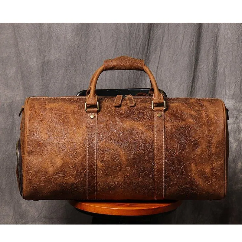 Embossed Full Grain Leather Duffle Bag for Men