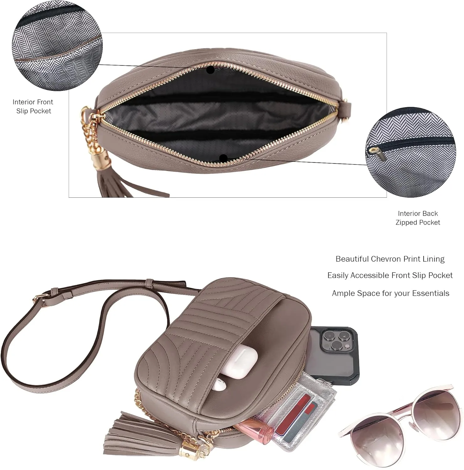 EVVE Quilted Crossbody Bags for Women - Stylish Camera Bag with Tassel - Lightweight Medium Size Shoulder Purse