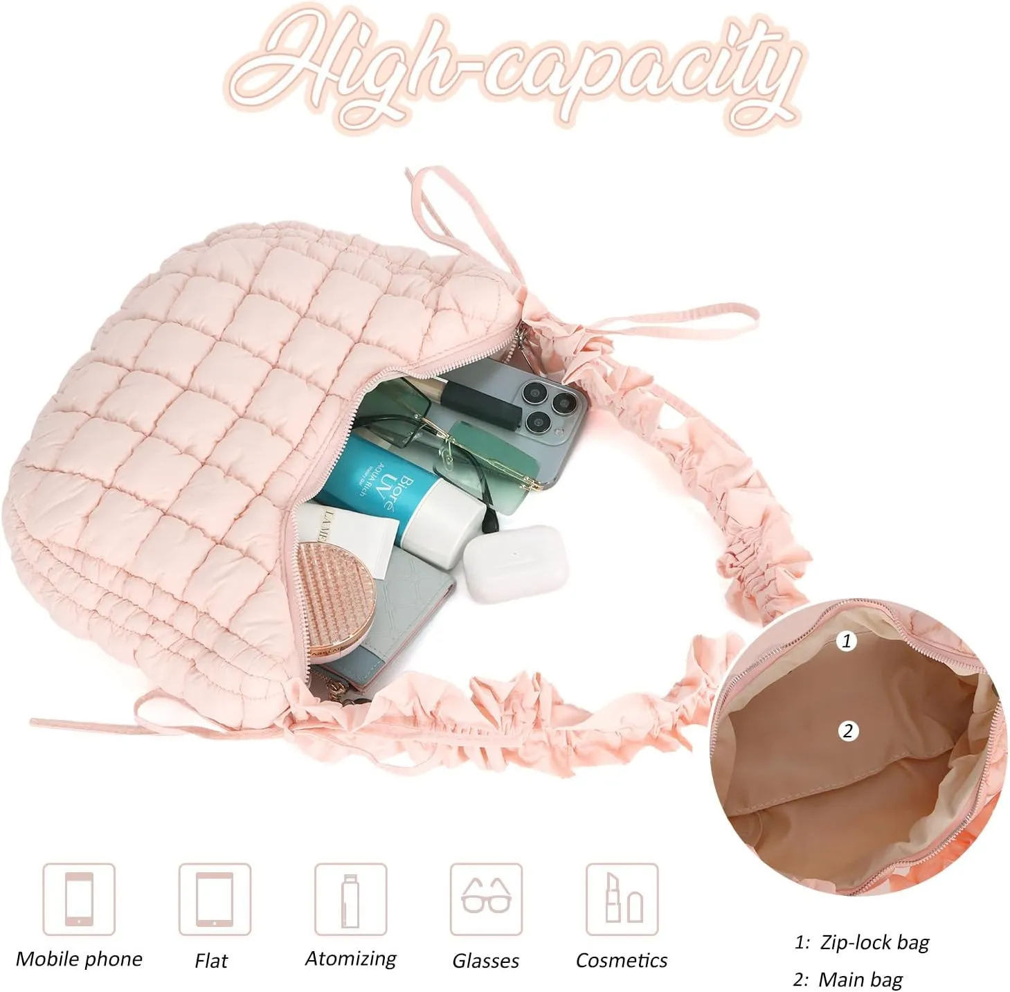 Fecialy Quilted Puffer Tote Bag Women Quilted Crossbody Bag Puffer Dumpling Shoulder Bag Lightweight Padding Hobo Bag