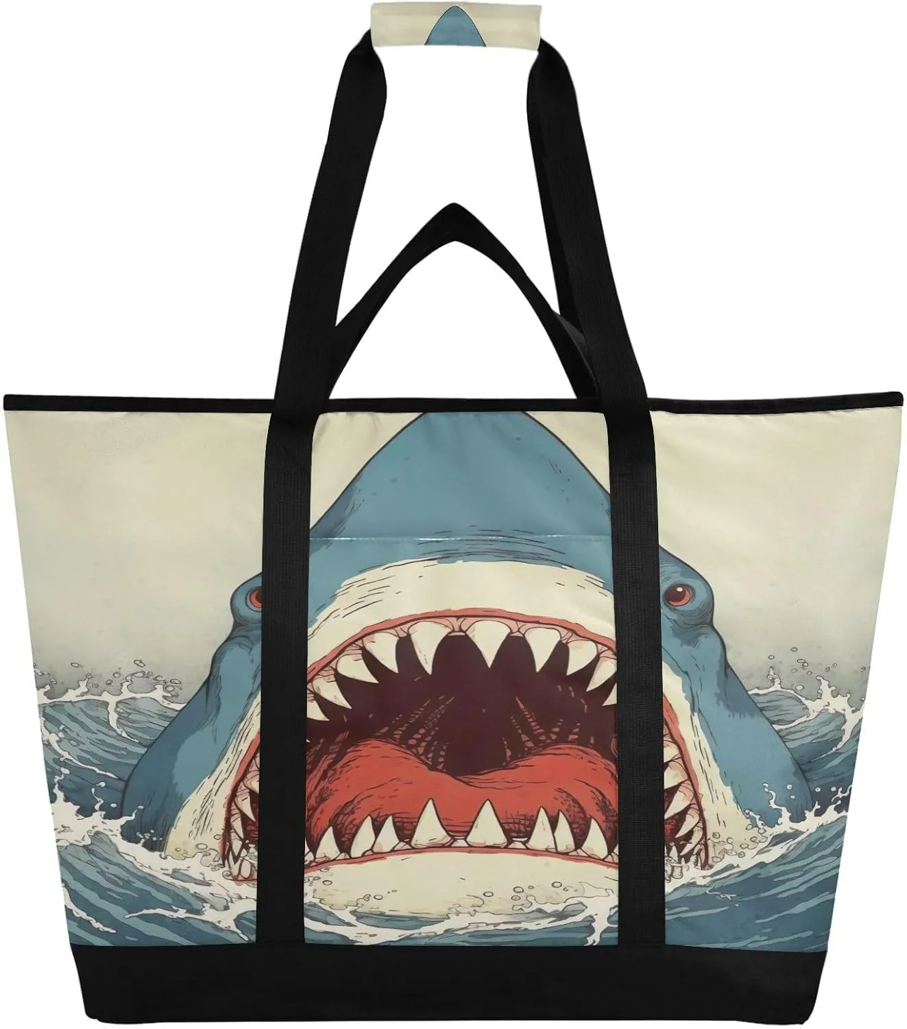 Fierce Sharks Reusable Insulated Lunchbox Cooler Bag, Leakproof Kitchen Grocery Bag Collapsible Portable Cooler Tote Bag for Picnic, Camping, Office, Travel