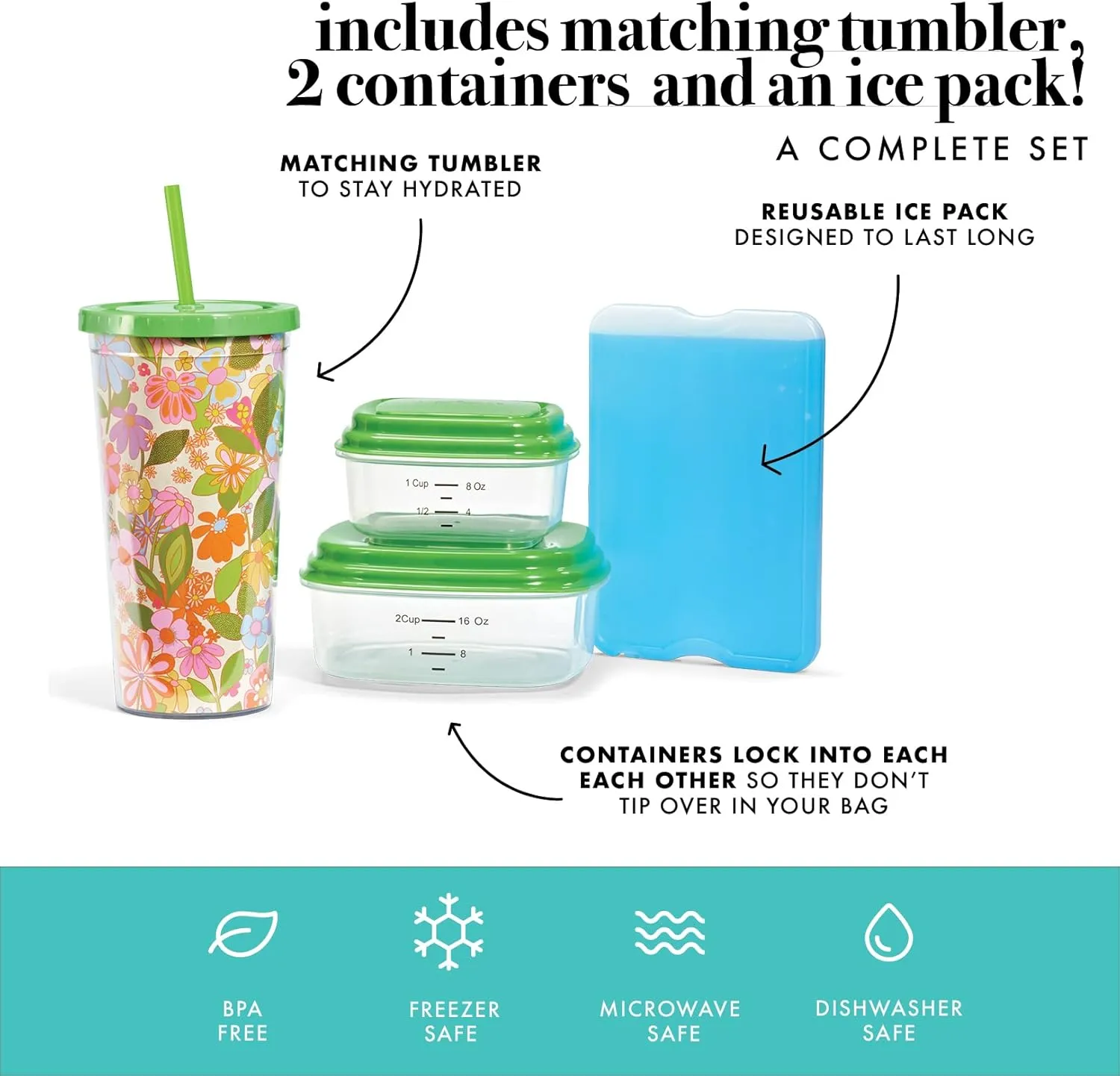 Fit & Fresh Lunch Bag For Women, Insulated Womens Lunch Bag For Work, Leakproof & Stain-Resistant Large Lunch Box For Women With Containers, Tumbler & Ice Pack Zipper Closure Wichita Bag Groovy Floral