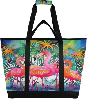 Flamingos Palm Reusable Insulated Lunchbox Cooler Bag, Leakproof Kitchen Grocery Bag Collapsible Portable Cooler Tote Bag for Picnic, Camping, Office, Travel