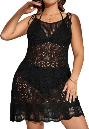 Floerns Women's Plus Size Crochet Sheer Cover Up Dress Tie Shoulder Sleeveless Swimsuit Cover Ups