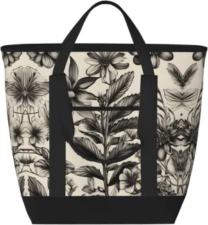 Floral Herbs Botanical Pattern Large Capacity Insulated Tote Bag - Adjustable Shoulder Strap, Perfect for Work, Picnic, and Travel - Stylish