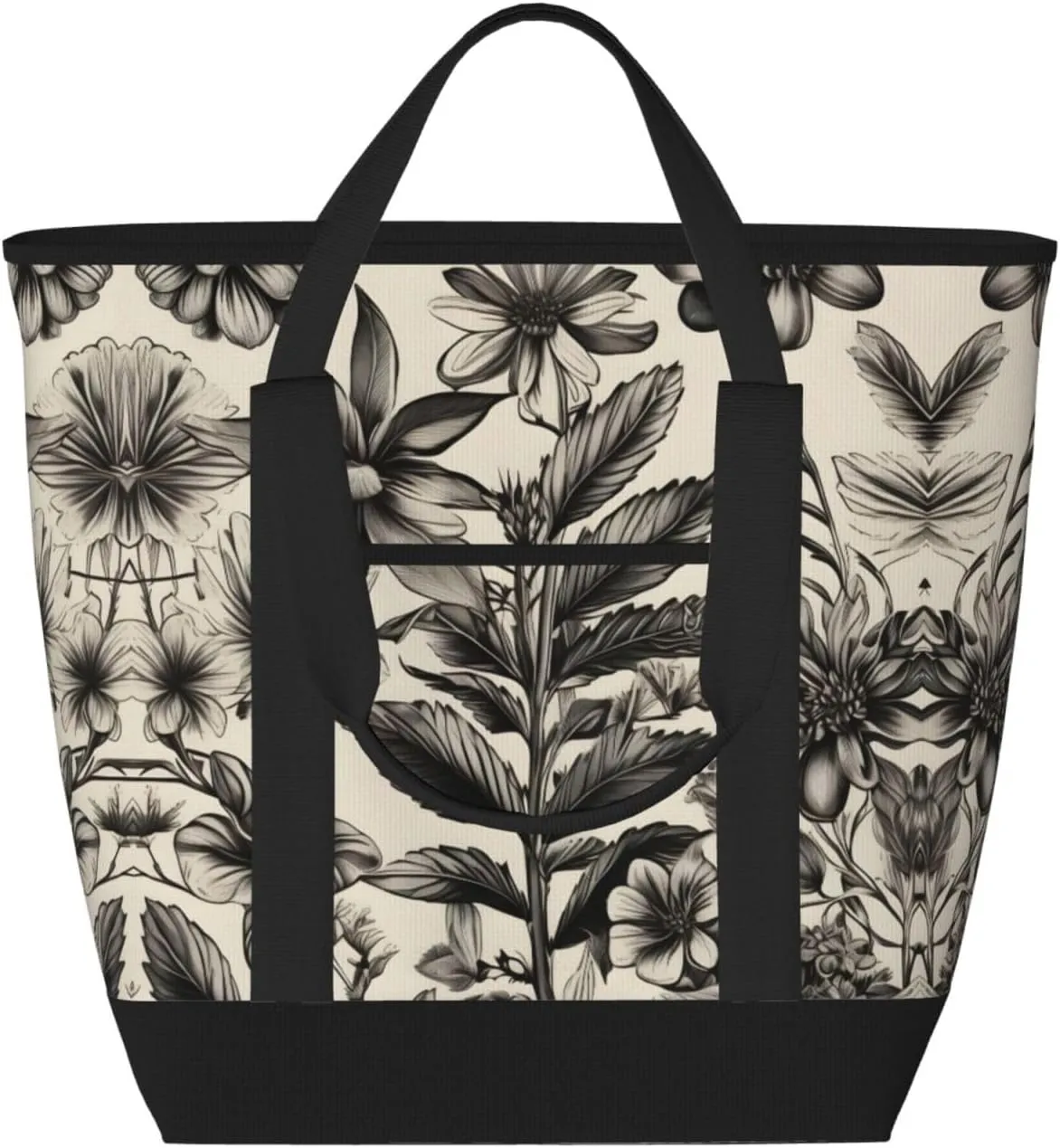 Floral Herbs Botanical Pattern Large Capacity Insulated Tote Bag - Adjustable Shoulder Strap, Perfect for Work, Picnic, and Travel - Stylish