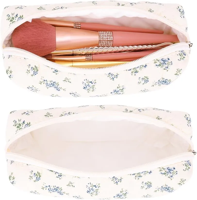 Floral Makeup Bag Set Cute Makeup Bag Small Quilted Makeup Bag Set Aesthetic Floral Travel Cosmetic Bag For Women Travel Toiletry Bag (Blue Flower C)