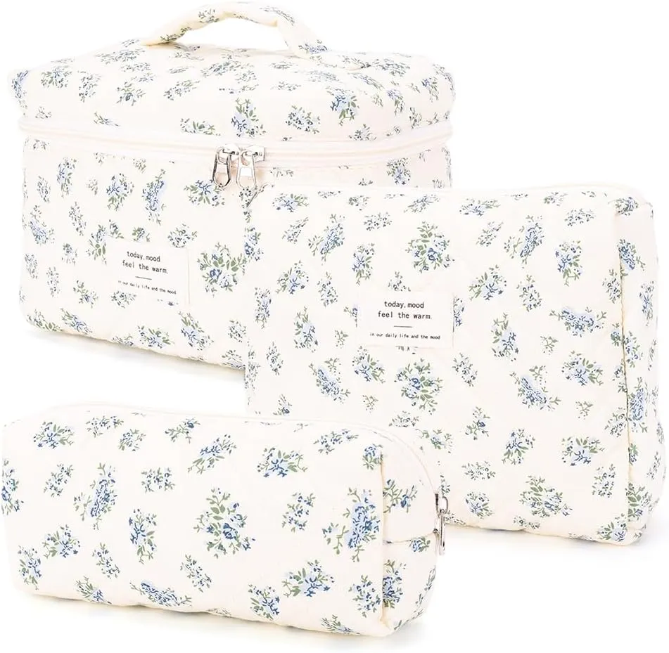 Floral Makeup Bag Set Cute Makeup Bag Small Quilted Makeup Bag Set Aesthetic Floral Travel Cosmetic Bag For Women Travel Toiletry Bag (Blue Flower C)
