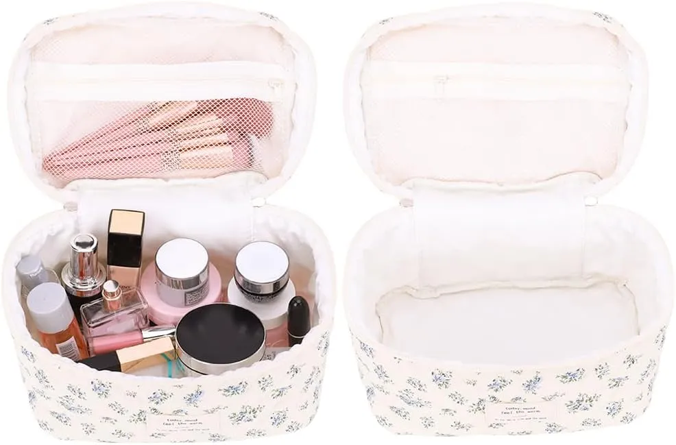 Floral Makeup Bag Set Cute Makeup Bag Small Quilted Makeup Bag Set Aesthetic Floral Travel Cosmetic Bag For Women Travel Toiletry Bag (Blue Flower C)