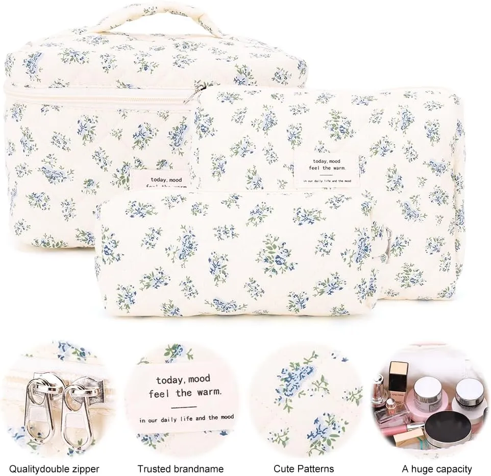 Floral Makeup Bag Set Cute Makeup Bag Small Quilted Makeup Bag Set Aesthetic Floral Travel Cosmetic Bag For Women Travel Toiletry Bag (Blue Flower C)
