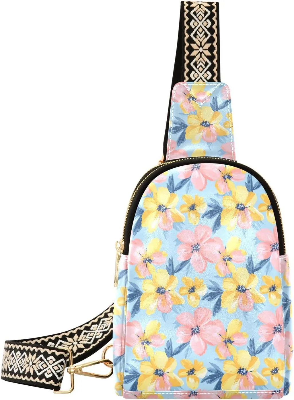Flower Pink Yellow Full-Print Leather Fashion Waist Pack Small Crossbody Bag with Card Slots & Adjustable Strap for Biking Shopping Hiking Running & Casual Outings