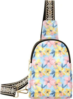 Flower Pink Yellow Full-Print Leather Fashion Waist Pack Small Crossbody Bag with Card Slots & Adjustable Strap for Biking Shopping Hiking Running & Casual Outings