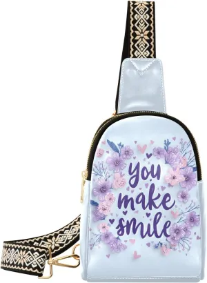 Flower Quotation Mini Crossbody Bag with Full-Print PU Leather Fashion Waist Pack with Adjustable Strap & Card Holder Great for Hiking Fishing Beach Travel & More