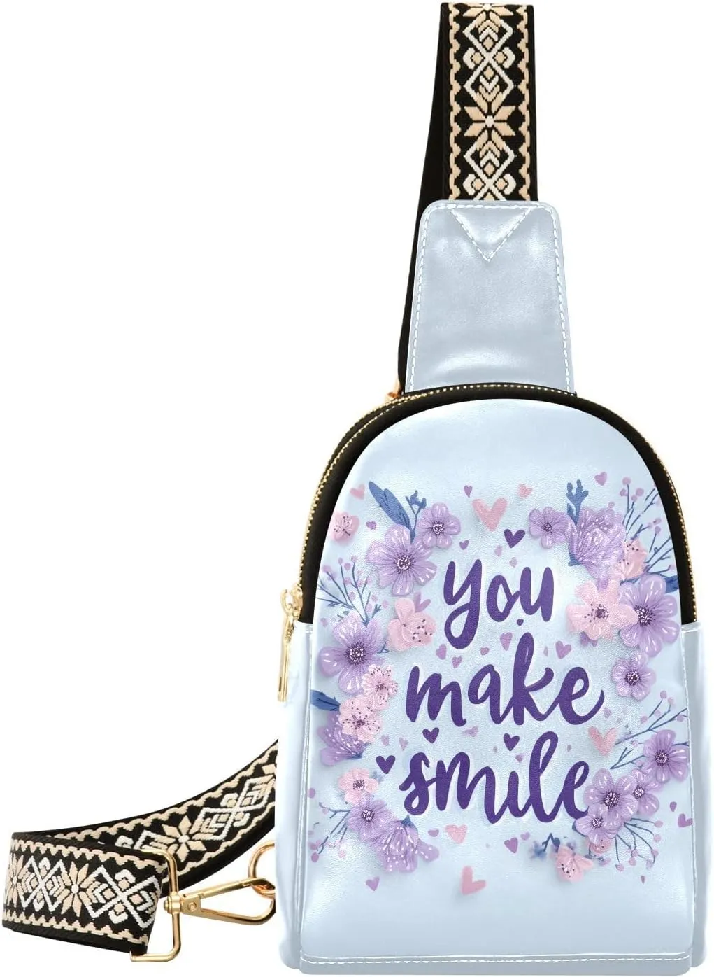 Flower Quotation Mini Crossbody Bag with Full-Print PU Leather Fashion Waist Pack with Adjustable Strap & Card Holder Great for Hiking Fishing Beach Travel & More