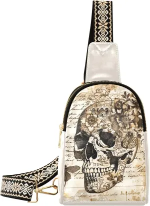 Flower Skull Skeleton Mini Crossbody Bag with Full-Print PU Leather Fashion Waist Pack with Adjustable Strap & Card Holder Great for Hiking Fishing Beach Travel & More