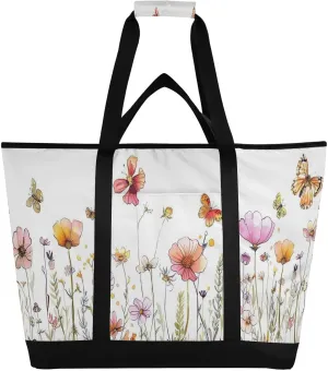 Flowers Butterfly Reusable Insulated Lunchbox Cooler Bag, Leakproof Kitchen Grocery Bag Collapsible Portable Cooler Tote Bag for Picnic, Camping, Office, Travel