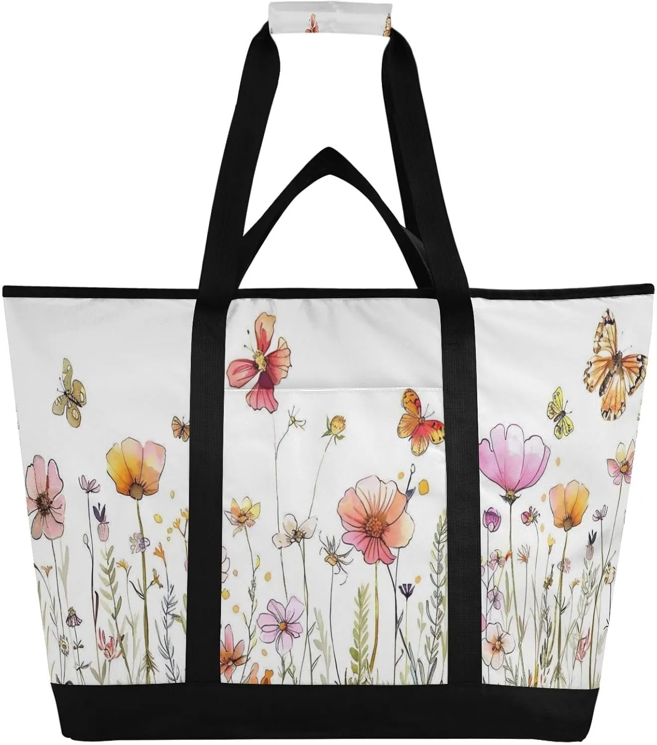 Flowers Butterfly Reusable Insulated Lunchbox Cooler Bag, Leakproof Kitchen Grocery Bag Collapsible Portable Cooler Tote Bag for Picnic, Camping, Office, Travel