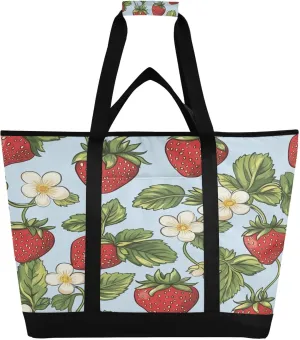 Flowers Strawberry Reusable Insulated Lunchbox Cooler Bag, Leakproof Kitchen Grocery Bag Collapsible Portable Cooler Tote Bag for Picnic, Camping, Office, Travel