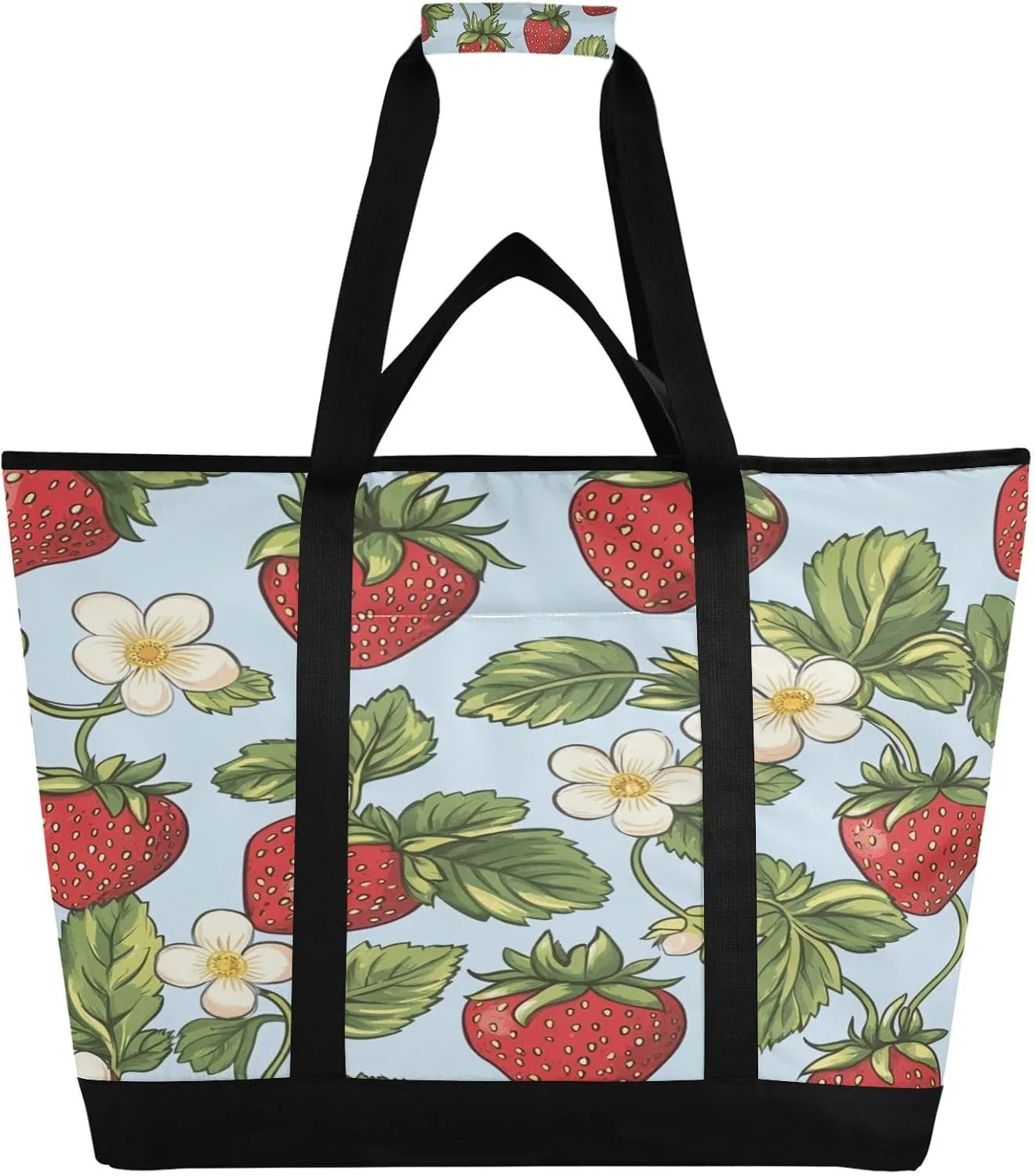 Flowers Strawberry Reusable Insulated Lunchbox Cooler Bag, Leakproof Kitchen Grocery Bag Collapsible Portable Cooler Tote Bag for Picnic, Camping, Office, Travel